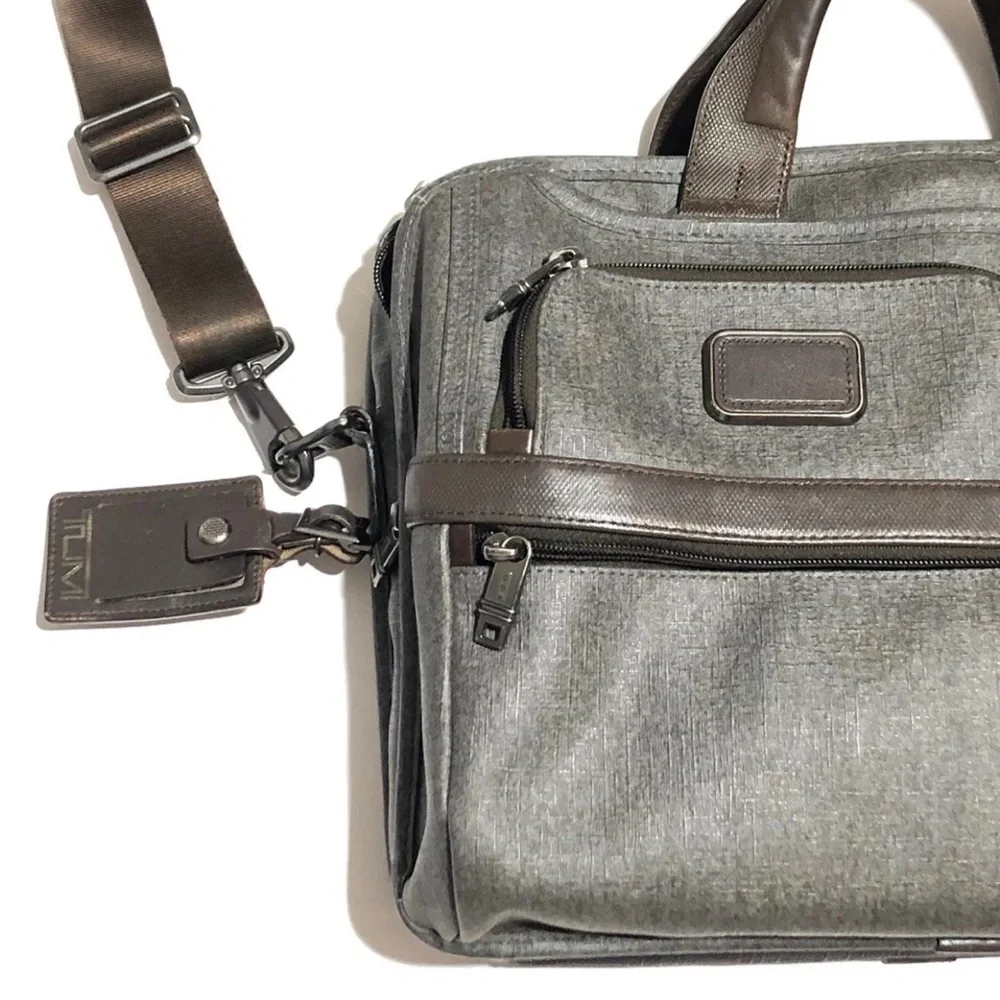 Tumi Alpha 2 T-Pass Laptop Bag Briefcase Earl Gray-Brown Leather
